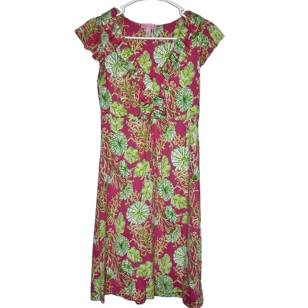 Lilly Pulitzer Clare Silk Blend Jersey Dress‎ Ruffle Pink Green Floral Size XS